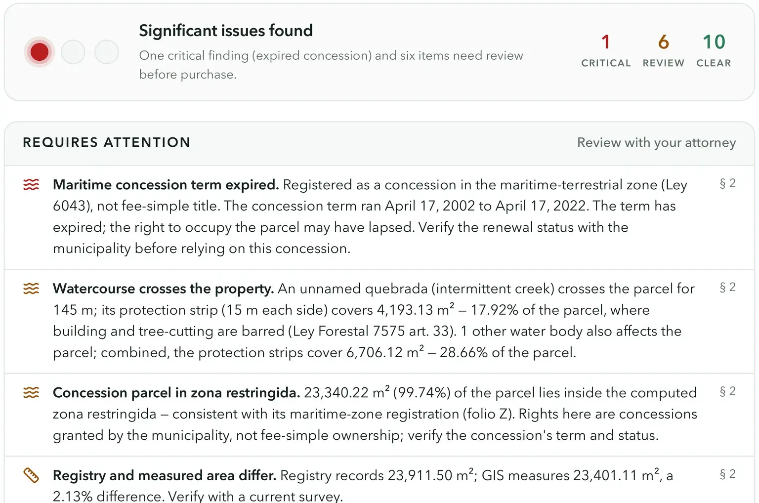Report risk summary: significant issues found, one critical finding and six to review, with findings explained in plain language