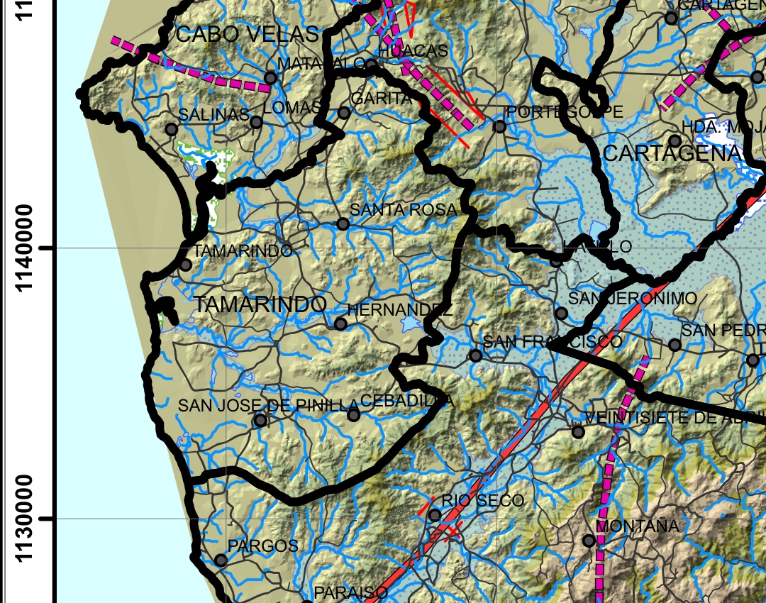 Detail from Costa Rica's hazard map for the canton of Santa Cruz, Guanacaste. Quaternary faults drawn in red and paleotectonic faults in dashed magenta cross the area inland of Tamarindo and Cabo Velas. Flood-potential areas are stippled in blue to the east around Cartagena, rivers and quebradas run through in blue, and the CRTM05 coordinate grid is numbered down the left edge.