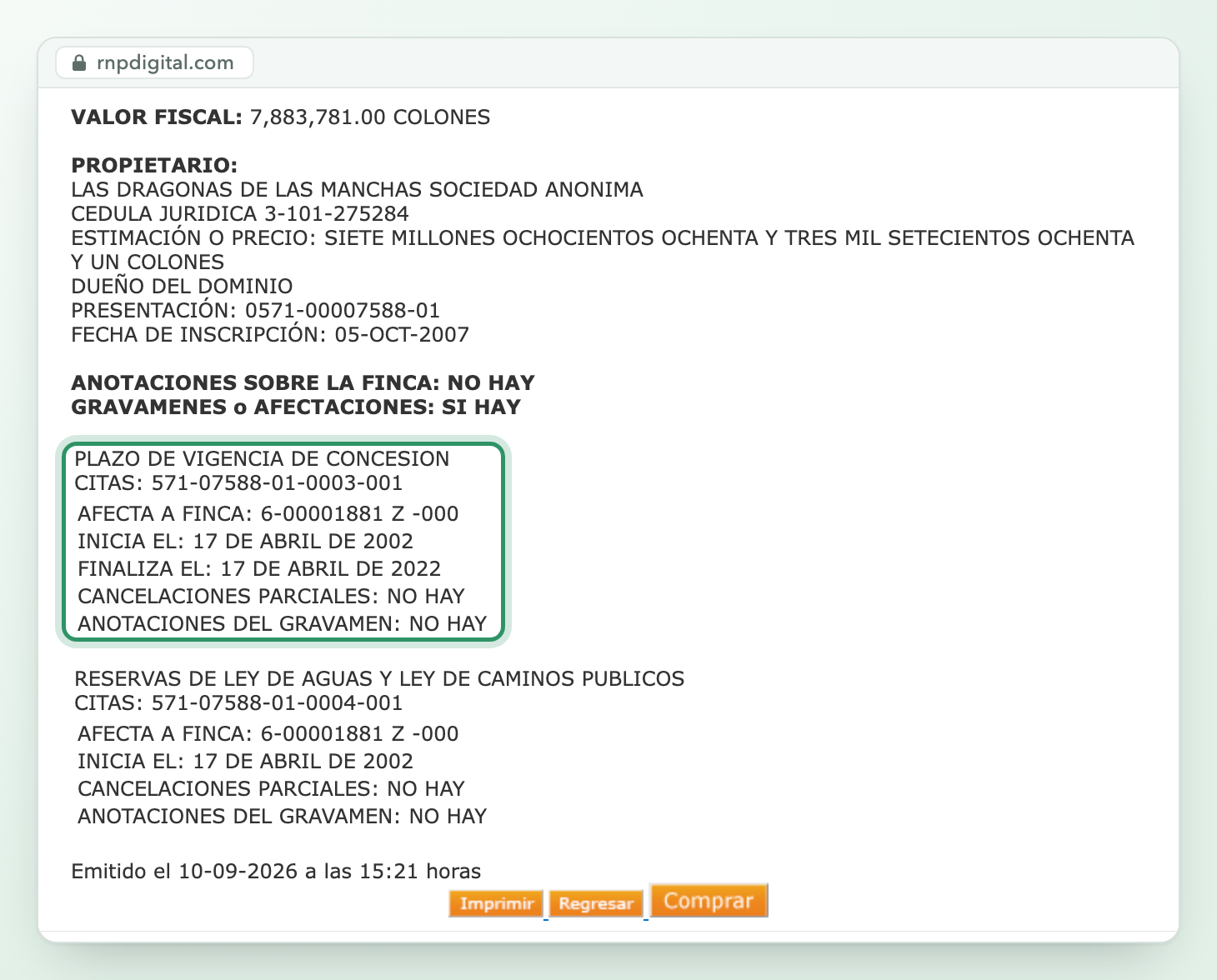 The bottom half of the same lookup: fiscal value, the concession holder, no annotations, and two encumbrances, the first, highlighted, a concession term ending April 17, 2022