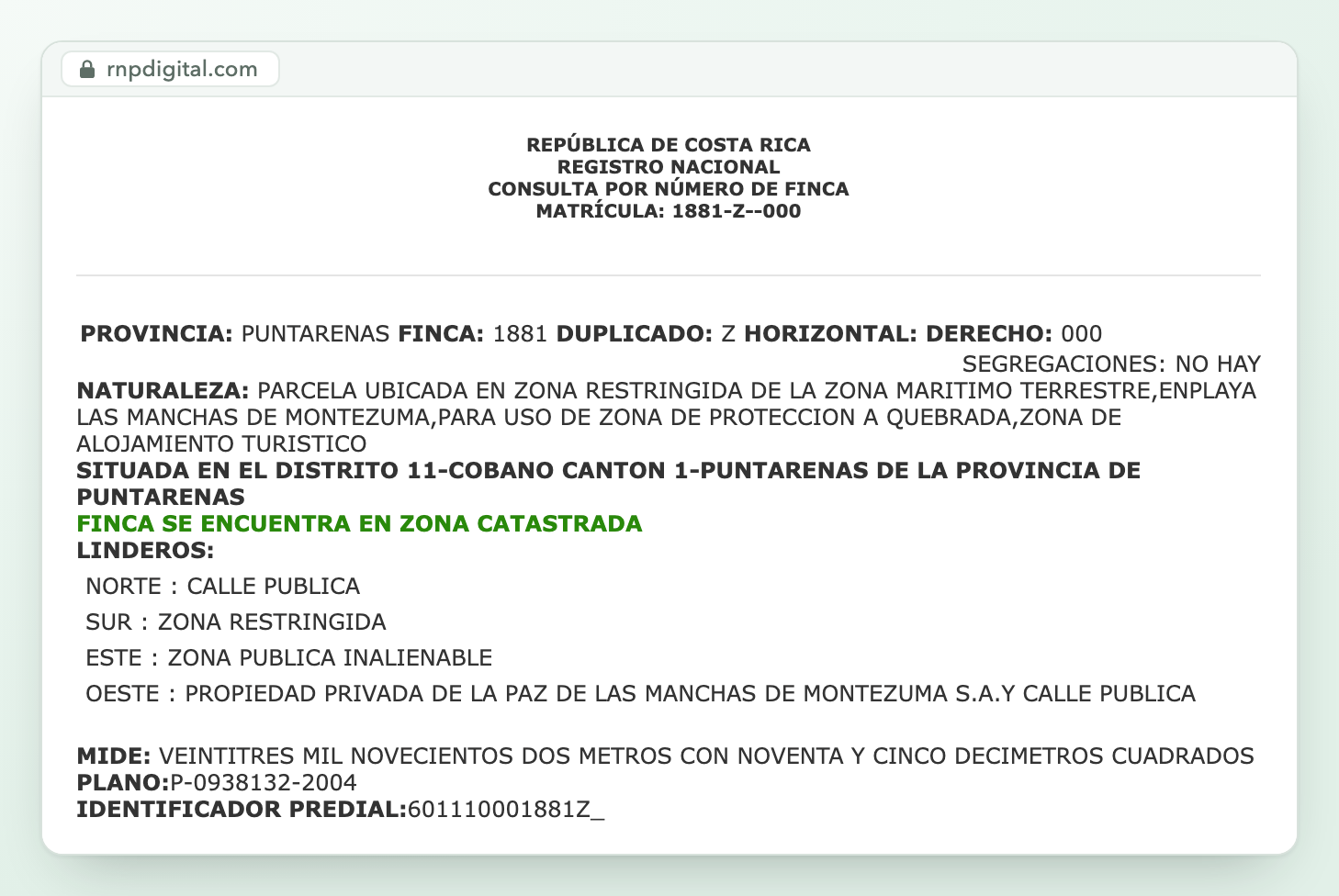 The top half of a free registry lookup for concession 6-1881-Z-000 at Playa Las Manchas, Montezuma: description, location, boundaries, area and plan number